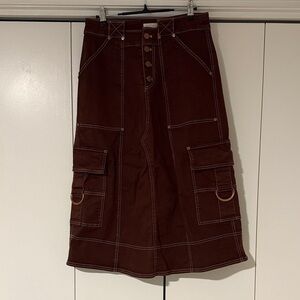 Pilcro Dark Brown Midi Skirt with Stitch Detail